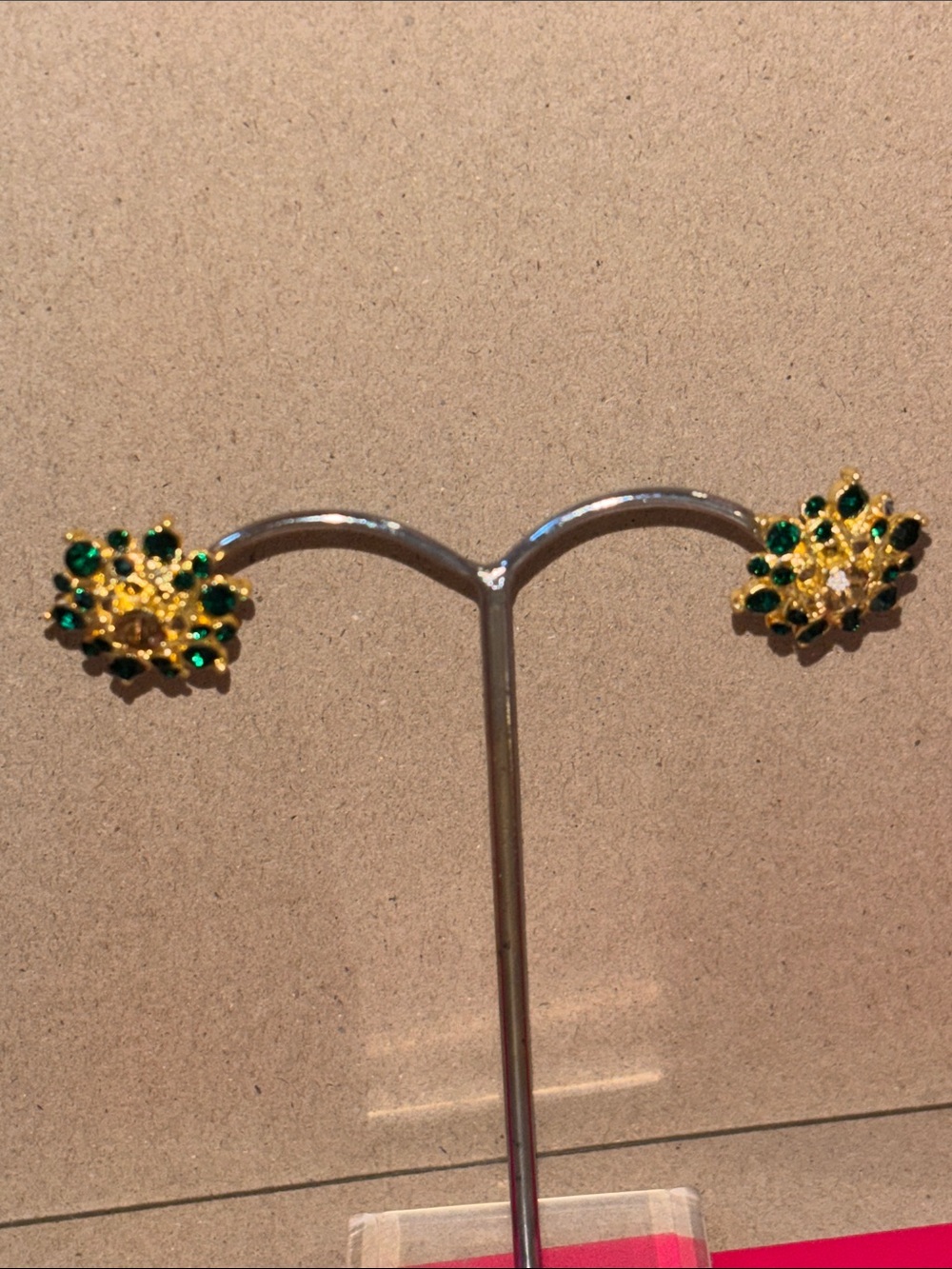 Gold Plated Floral Cluster Earrings with Green Stones